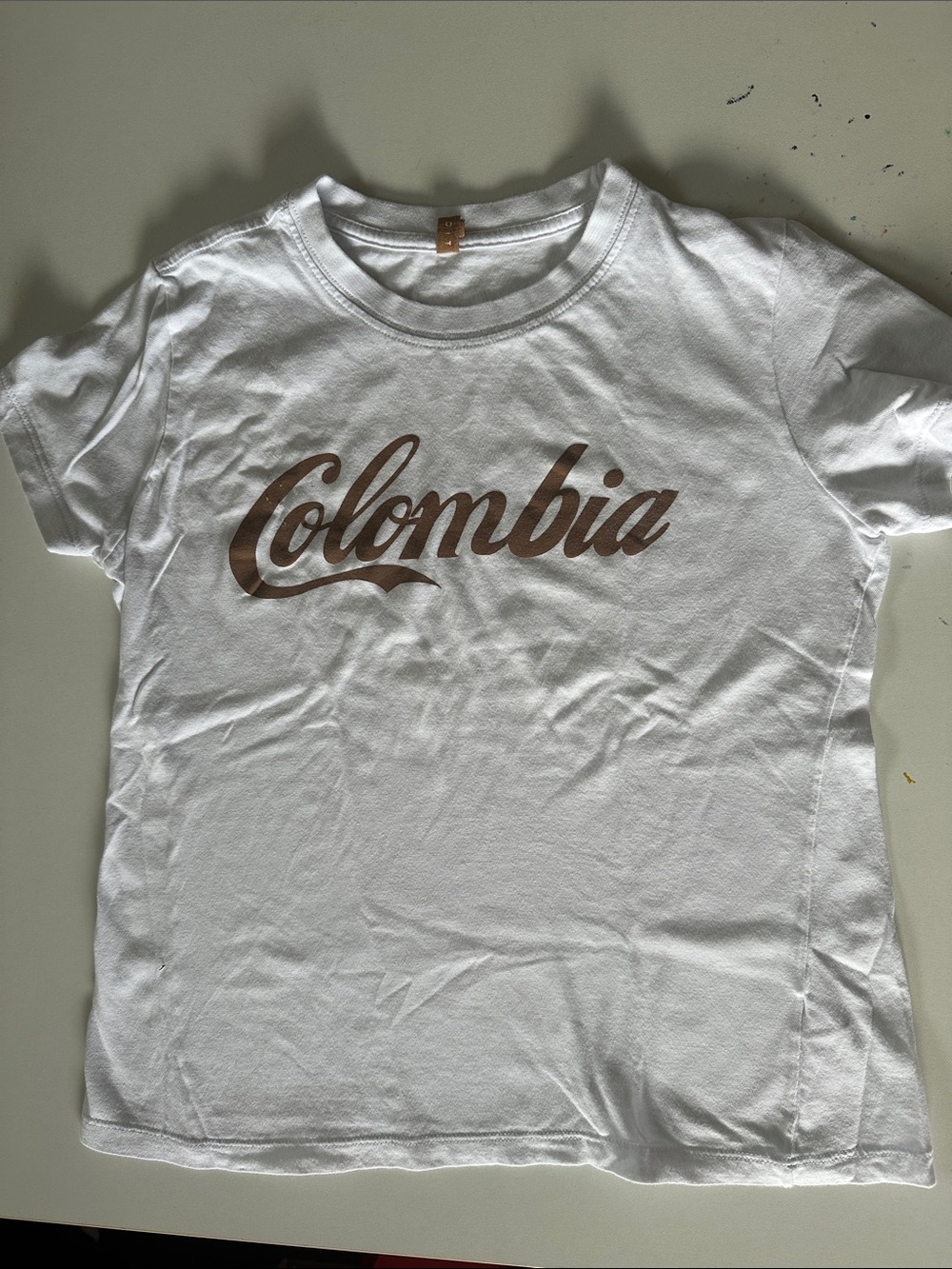 Colombia Script Logo White Tee with Brown Script